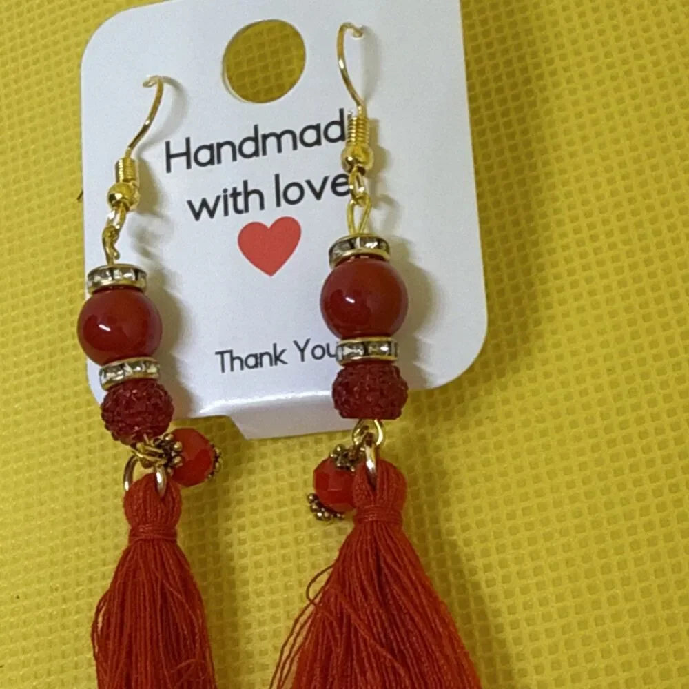 Handcrafted Bohemian Red Tassel Beaded Glass Earrings Gold Hook Closure